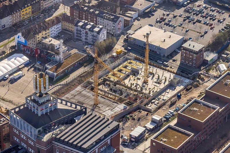Aerial view, construction site, residential complex at the Dortmunder U-Tower, Dortmunder U with the Ostwall Museum, leisure centre west, Dorstfelder Brücke, Dortmund, Ruhr area, North Rhine-Westphalia, Germany, construction work, building, construction area, building site, building plots, building crane, construction project, construction site, DE, Europe, FZW, aerial view, aerial photography, aerial photography, new building, overview, bird's-eye view, overview