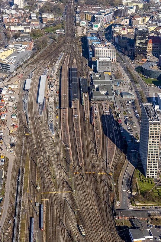Aerial view, construction site with reconstruction and new construction of platforms at Dortmund main station, city, Dortmund, Ruhr area, North Rhine-Westphalia, Germany, railway tracks, station, construction work, construction, construction area, construction site, construction site, construction project, construction site, DE, Deutsche Bahn AG, Europe, railway tracks, main station, central station, aerial view, aerial photography, aerial photography, new construction, overview, bird's-eye view, overview