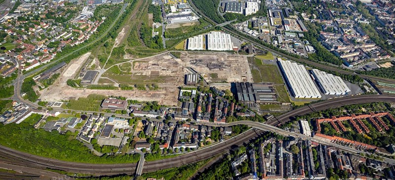 Aerial view, industrial estate of Union Gewerbehof GmbH, Rheinische Straße, ZukunftsCampus, thyssenkrupp Stainless GmbH, Huckarde, Dortmund, Ruhr area, North Rhine-Westphalia, Germany, construction work, building, construction area, building site, building plots, construction project, construction site, DE, Europe, commercial enterprises, industrial area, commercial area, commercial park, commercial site, commercial use, industrial area, industrial building, industrial site, aerial view, aerial photography, aerial photography, overview, bird's-eye view, birds-eyes view, former factory site of Hoesch-Spundwand und Profile (HSP), overview