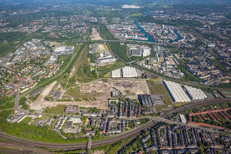 Aerial view, industrial estate of Union Gewerbehof GmbH, Rheinische Straße, ZukunftsCampus, thyssenkrupp Stainless GmbH, Huckarde, Dortmund, Ruhr area, North Rhine-Westphalia, Germany, construction work, building, construction area, building site, building plots, construction project, construction site, DE, Europe, commercial enterprises, industrial area, commercial area, commercial park, commercial site, commercial use, industrial area, industrial building, industrial site, aerial view, aerial photography, aerial photography, overview, bird's-eye view, birds-eyes view, former factory site of Hoesch-Spundwand und Profile (HSP), overview