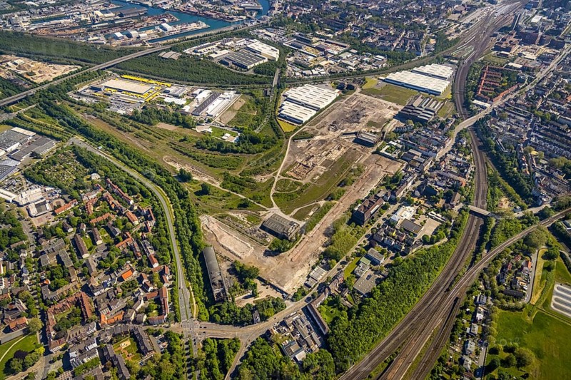 Aerial view, industrial estate of Union Gewerbehof GmbH, Rheinische Straße, ZukunftsCampus, thyssenkrupp Stainless GmbH, Huckarde, Dortmund, Ruhr area, North Rhine-Westphalia, Germany, construction work, building, construction area, building site, building plots, construction project, construction site, DE, Europe, commercial enterprises, industrial area, commercial area, commercial park, commercial site, commercial use, industrial area, industrial building, industrial site, aerial view, aerial photography, aerial photography, overview, bird's-eye view, birds-eyes view, former factory site of Hoesch-Spundwand und Profile (HSP), overview