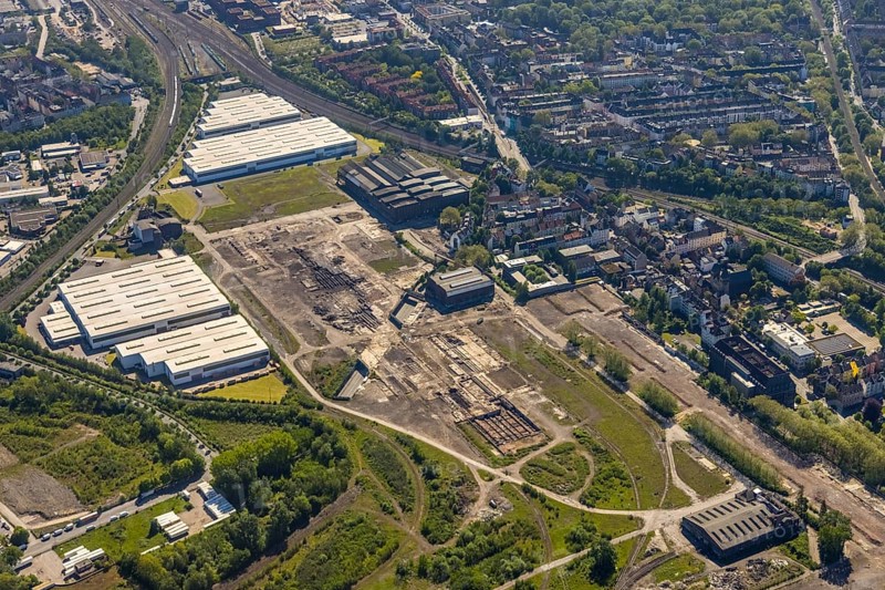 Aerial view, industrial estate of Union Gewerbehof GmbH, Rheinische Straße, ZukunftsCampus, thyssenkrupp Stainless GmbH, Huckarde, Dortmund, Ruhr area, North Rhine-Westphalia, Germany, construction work, building, construction area, building site, building plots, construction project, construction site, DE, Europe, commercial enterprises, industrial area, commercial area, commercial park, commercial site, commercial use, industrial area, industrial building, industrial site, aerial view, aerial photography, aerial photography, overview, bird's-eye view, birds-eyes view, former factory site of Hoesch-Spundwand und Profile (HSP), overview