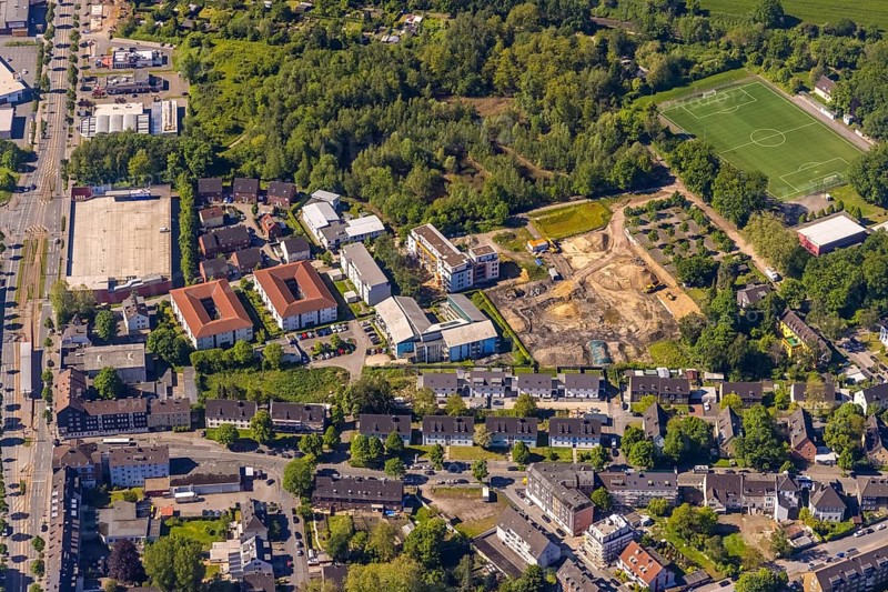 Aerial view, construction site and new building at Winterkampstraße, sports ground TUS Eving-Lindenhorst, Eving, Dortmund, Ruhr area, North Rhine-Westphalia, Germany, construction work, construction, construction area, construction site, building plots, construction project, construction site, DE, Europe, football pitch, football stadium, football club, aerial view, aerial photography, aerial photography, new building, sports facilities, sports facility, overview, bird's-eye view, overview