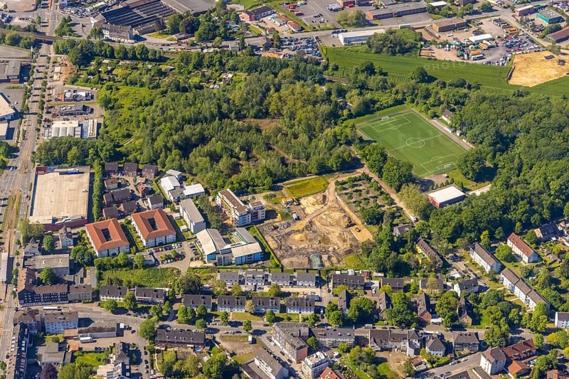 Aerial view, construction site and new building at Winterkampstraße, sports ground TUS Eving-Lindenhorst, Eving, Dortmund, Ruhr area, North Rhine-Westphalia, Germany, construction work, construction, construction area, construction site, building plots, construction project, construction site, DE, Europe, football pitch, football stadium, football club, aerial view, aerial photography, aerial photography, new building, sports facilities, sports facility, overview, bird's-eye view, overview