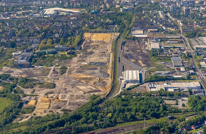 Aerial view, construction site former Westfalenhütte, Eving, Dortmund, Ruhr area, North Rhine-Westphalia, Germany, construction work, construction area, construction site, building plots, construction project, construction site, DE, Europe, aerial view, aerial photography, aerial photography, overview, bird's-eye view, overview