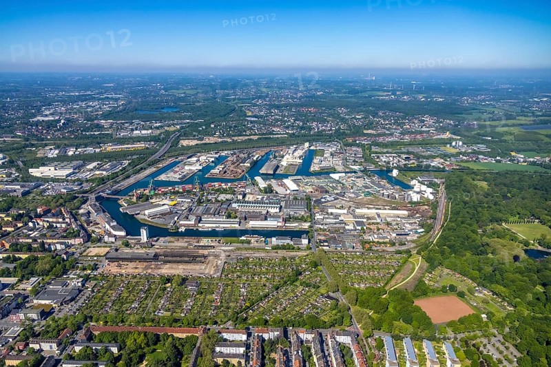 Aerial view, coal harbour of the inland port Dortmunder Hafen AG in Dortmund in the federal state of North Rhine-Westphalia, Germany, Dortmund, Ruhr area, North Rhine-Westphalia, DE, Europe, birds-eyes view, aerial photography, aerial photography, overview, bird's eye view, Dortmund harbour, inland port, Dortmund-Ems canal, freight traffic