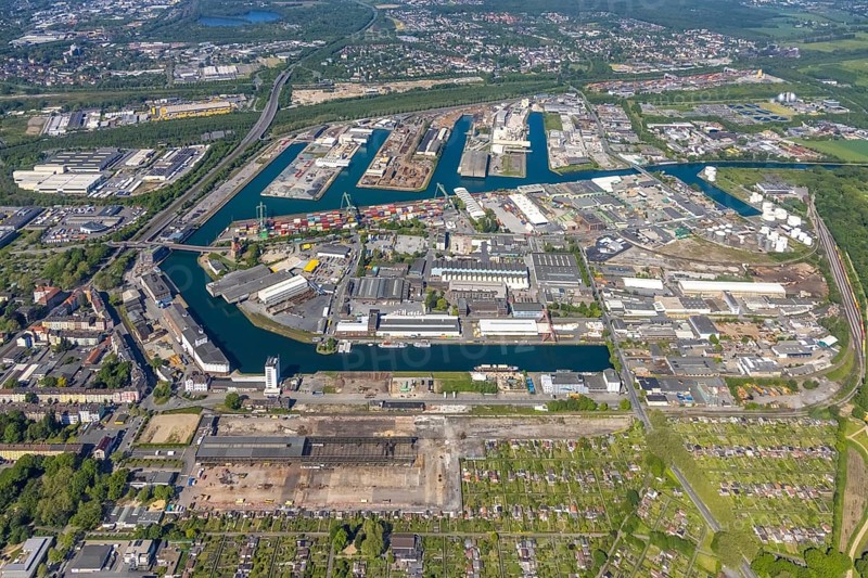 Aerial view, coal harbour of the inland port Dortmunder Hafen AG in Dortmund in the federal state of North Rhine-Westphalia, Germany, Dortmund, Ruhr area, North Rhine-Westphalia, DE, Europe, birds-eyes view, aerial photography, aerial photography, overview, bird's eye view, Dortmund harbour, inland port, Dortmund-Ems canal, freight traffic