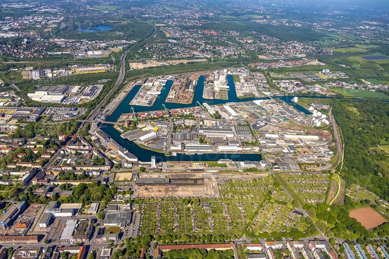 Aerial view, coal harbour of the inland port Dortmunder Hafen AG in Dortmund in the federal state of North Rhine-Westphalia, Germany, Dortmund, Ruhr area, North Rhine-Westphalia, DE, Europe, birds-eyes view, aerial photography, aerial photography, overview, bird's eye view, Dortmund harbour, inland port, Dortmund-Ems canal, freight traffic