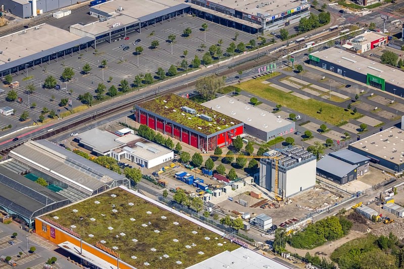 Aerial view, construction site at the Bornstraße industrial estate, WEZ - Westfalen shopping centre, Borsigplatz, Dortmund, Ruhr area, North Rhine-Westphalia, Germany, construction work, construction site, building plots, construction project, construction site, DE, Europe, aerial view, aerial photography, aerial photography, overview, bird's-eye view, overview