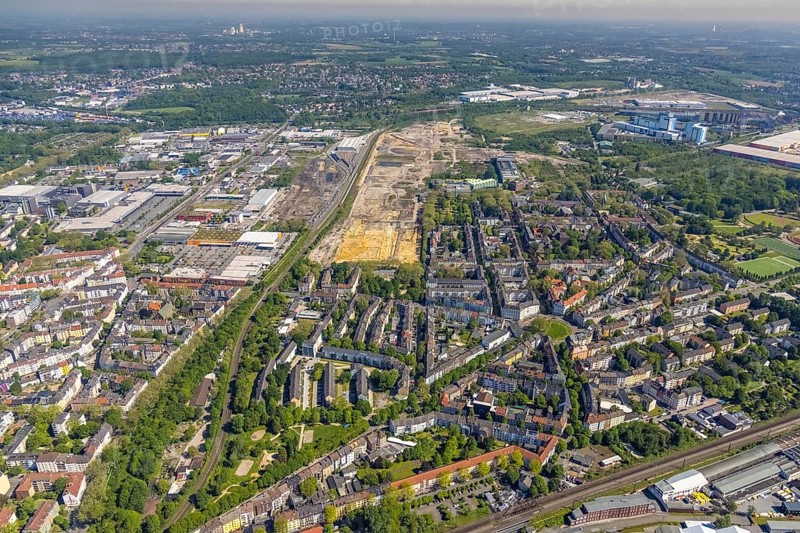 Aerial view, construction site former Westfalenhütte, Kaiserbrunnen, Borsigplatz, Dortmund, Ruhr area, North Rhine-Westphalia, Germany, construction work, construction area, construction site, building plots, construction project, construction site, DE, Europe, aerial view, aerial photography, aerial photography, overview, bird's-eye view, overview