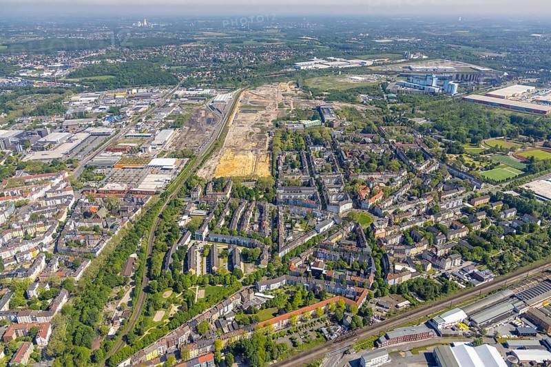 Aerial view, construction site former Westfalenhütte, Kaiserbrunnen, Borsigplatz, Dortmund, Ruhr area, North Rhine-Westphalia, Germany, construction work, construction area, construction site, building plots, construction project, construction site, DE, Europe, aerial view, aerial photography, aerial photography, overview, bird's-eye view, overview