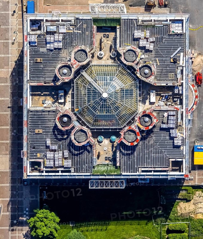 Aerial view, construction site, Dortmund town hall and Friedensplatz, city, Dortmund, Ruhr area, North Rhine-Westphalia, Germany, authority, DE, Europe, shapes and colours, aerial view, aerial photography, aerial photography, town hall, overview, bird's eye view, birds-eyes view, overview