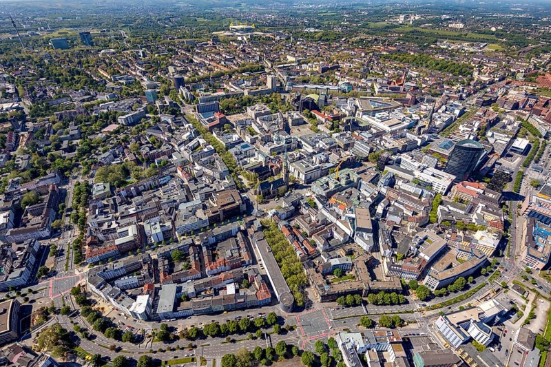 Aerial view, city of Dortmund, city centre view with wall, RWE Tower black skyscraper, Dortmund, Ruhr area, North Rhine-Westphalia, Germany, City, Cityring, DE, Europe, city centre, aerial view, aerial photography, aerial photography, townscape, city centre, overview, bird's eye view, bird's-eye view, overview