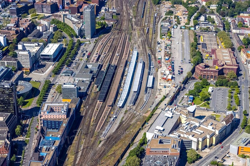 Aerial view, construction work at Dortmund main station, Nordmarkt, Dortmund, Ruhr area, North Rhine-Westphalia, Germany, railway tracks, railway station, station forecourt, construction work, construction area, construction site, construction project, construction site, DE, Deutsche Bahn AG, Europe, main station, central station, aerial view, aerial photography, aerial photography, Postbank building, overview, bird's-eye view, overview