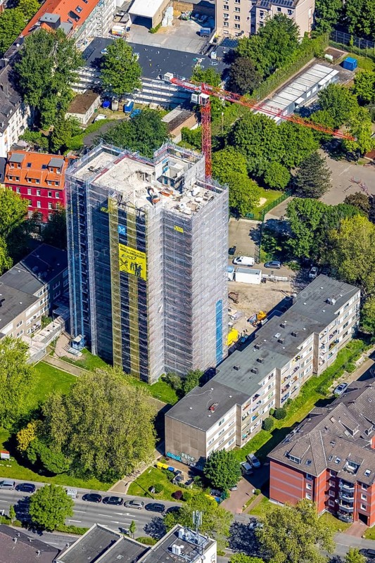Aerial view, construction site demolition high-rise building, Kielstraße corner Heiligegartenstraße, City, Dortmund, Ruhr area, North Rhine-Westphalia, Germany, demolition work, construction work, construction area, construction site, building plots, construction project, construction site, DE, Europe, horror high-rise building, aerial view, aerial photography, aerial photography, overview, bird's eye view, advertising poster cup winner 2021, birds-eyes view, overview