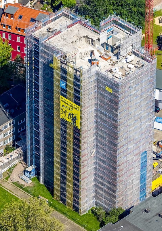 Aerial view, construction site demolition high-rise building, Kielstraße corner Heiligegartenstraße, City, Dortmund, Ruhr area, North Rhine-Westphalia, Germany, demolition work, construction work, construction area, construction site, building plots, construction project, construction site, DE, Europe, horror high-rise building, aerial view, aerial photography, aerial photography, overview, bird's eye view, advertising poster cup winner 2021, birds-eyes view, overview