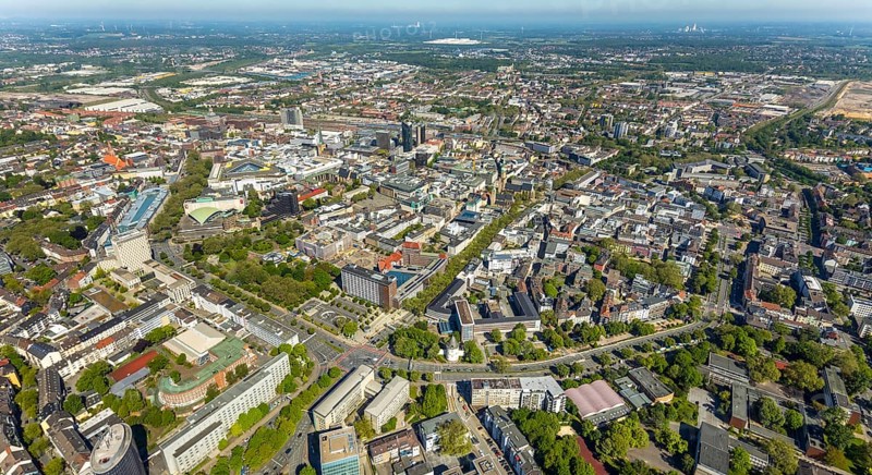 Aerial view, city of Dortmund, city centre view with wall, RWE Tower black skyscraper, Kaiserbrunnen, Dortmund, Ruhr area, North Rhine-Westphalia, Germany, City, Cityring, DE, Europe, distant view, city centre, aerial view, aerial photography, aerial photography, townscape, city area, city centre, overview, bird's-eye view, birds-eyes view, overview