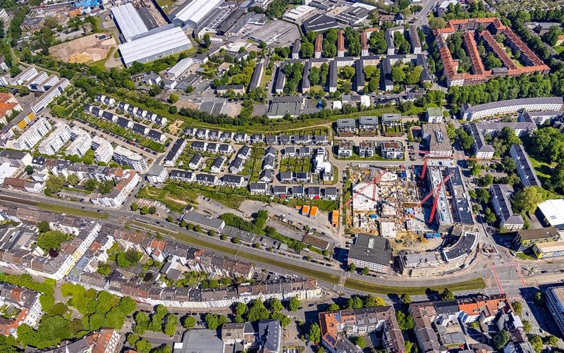 Aerial view, new development area at Ostbahnhof and new development area Kaiserquartier, City, Dortmund, Ruhr area, North Rhine-Westphalia, Germany, construction work, construction, construction area, construction site, building plots, construction project, construction site, DE, Europe, property tax, real estate, aerial view, aerial photography, aerial photography, new construction, overview, bird's eye view, residential complex, living and living, residential area, residential buildings, quality of living, birds-eyes view, overview