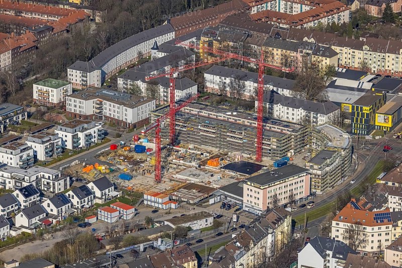 Aerial view, construction site for new Kaiserquartier, Klönnestraße, Kaiserbrunnen, Dortmund, Ruhr area, North Rhine-Westphalia, Germany, construction work, construction area, construction site, building plots, construction crane, construction project, construction site, DE, Europe, aerial view, aerial photography, aerial photography, new building, snow, overview, bird's-eye view, overview