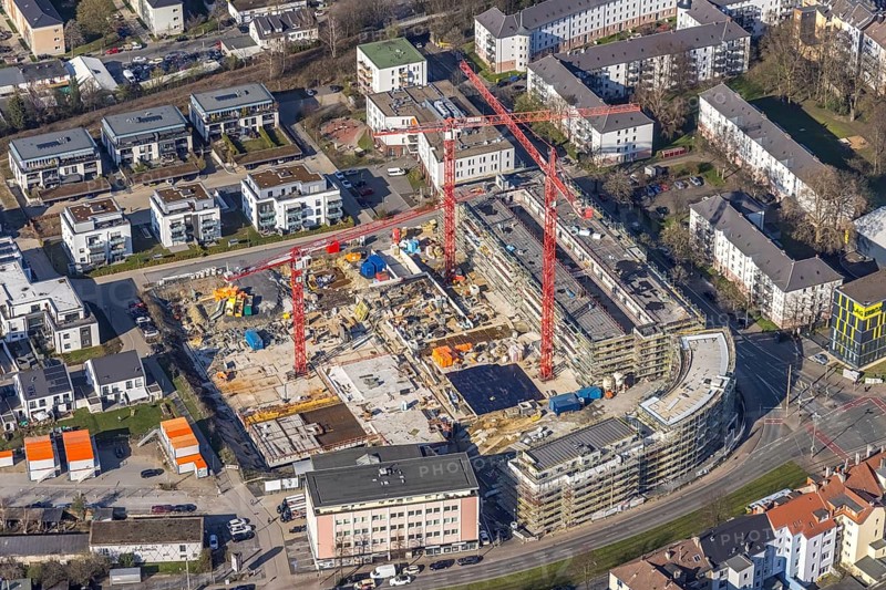 Aerial view, construction site for new Kaiserquartier, Klönnestraße, Kaiserbrunnen, Dortmund, Ruhr area, North Rhine-Westphalia, Germany, construction work, construction area, construction site, building plots, construction crane, construction project, construction site, DE, Europe, aerial view, aerial photography, aerial photography, new building, snow, overview, bird's-eye view, overview