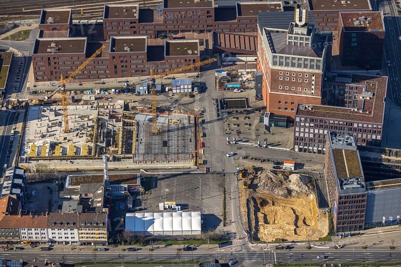 Aerial view, construction site residential complex at the Dortmunder U-Tower, Dortmunder U with the Ostwall Museum, leisure centre west, Dorstfelder Brücke, Dortmund, Ruhr area, North Rhine-Westphalia, Germany, construction work, construction, construction area, building site, building plots, construction crane, construction project, building site, DE, Europe, FZW, aerial view, aerial photography, aerial photography, new building, overview, bird's eye view, Centre for Art and Creativity, birds-eyes view, overview