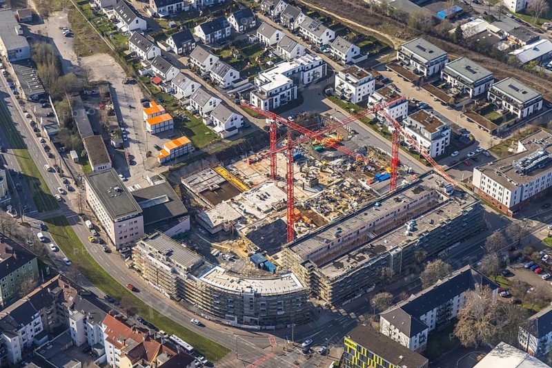 Aerial view, construction site for new Kaiserquartier, Klönnestraße, Kaiserbrunnen, Dortmund, Ruhr area, North Rhine-Westphalia, Germany, construction work, construction area, construction site, building plots, construction crane, construction project, construction site, DE, Europe, aerial view, aerial photography, aerial photography, new building, snow, overview, bird's-eye view, overview