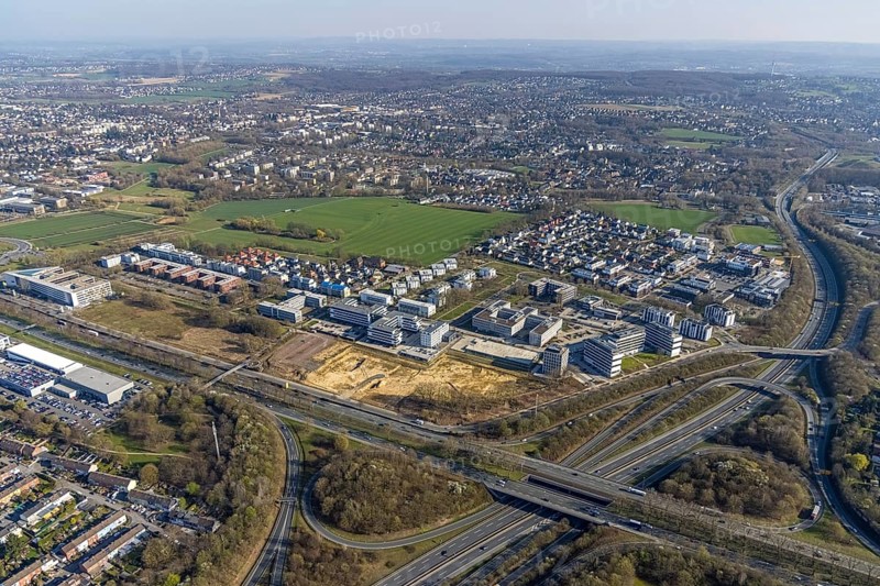 Aerial view, industrial estate Stockholmer Allee, Westfalendamm, Dortmund, Ruhr area, North Rhine-Westphalia, Germany, DE, Europe, commercial enterprises, commercial area, commercial park, commercial location, commercial use, industrial area, industrial location, aerial photograph, aerial photography, aerial photography, overview, bird's-eye view, bird's-eye view, overview