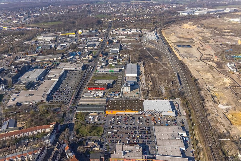 Aerial view, construction site Westfalenhütte, Eisenstraße, Nordmarkt, Dortmund, Ruhr area, North Rhine-Westphalia, Germany, construction area, construction site, building plots, construction project, DE, Europe, commercial enterprises, commercial area, commercial site, commercial use, industrial area, industrial site, aerial view, aerial photography, aerial photography, Siemens Rail Service Centre, overview, bird's-eye view, overview