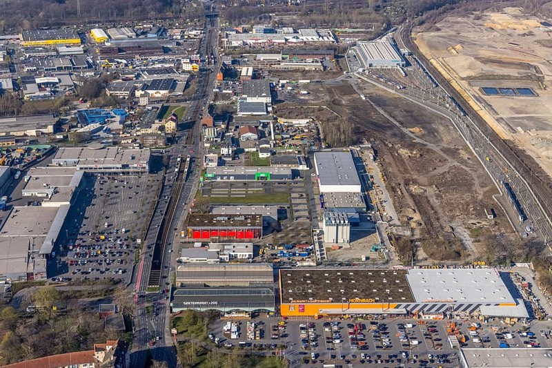 Aerial view, construction site Westfalenhütte, Eisenstraße, Nordmarkt, Dortmund, Ruhr area, North Rhine-Westphalia, Germany, construction area, construction site, building plots, construction project, DE, Europe, commercial enterprises, commercial area, commercial site, commercial use, industrial area, industrial site, aerial view, aerial photography, aerial photography, Siemens Rail Service Centre, overview, bird's-eye view, overview