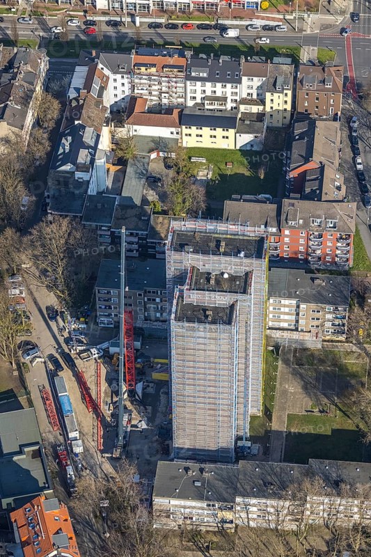Aerial view, demolition construction site high-rise building Kielstraße, project urban redevelopment west, Nordmarkt, Dortmund, Ruhr area, North Rhine-Westphalia, Germany, demolition horror house, construction work, construction area, construction site, building plots, construction crane, construction measure, construction project, construction site, DE, Europe, high-rise building, aerial view, aerial photography, aerial photography, overview, bird's eye view, birds-eyes view, overview