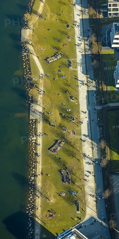 Aerial view, sunbathing at Lake Phoenix, spring weather on Dortmund's sunbathing lawns, Dortmund, Ruhr area, North Rhine-Westphalia, Germany, Marl, DE, Europe, birds-eyes view, aerial view, aerial photography, aerial photography, overview, overview, bird's eye view, spring, summer weather in March, Dortmund sunbathing lawns, sunbathing with Corona distance
