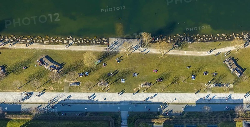Aerial view, sunbathing at Lake Phoenix, spring weather on Dortmund's sunbathing lawns, Dortmund, Ruhr area, North Rhine-Westphalia, Germany, Marl, DE, Europe, birds-eyes view, aerial view, aerial photography, aerial photography, overview, overview, bird's eye view, spring, summer weather in March, Dortmund sunbathing lawns, sunbathing with Corona distance