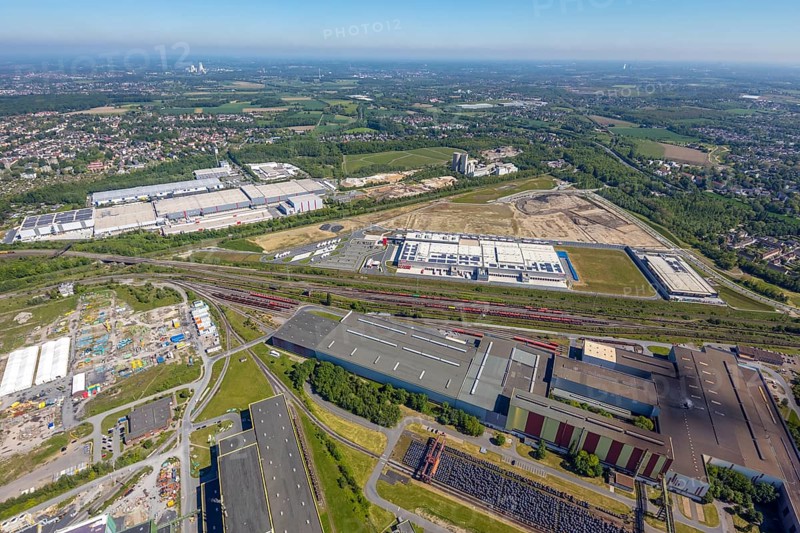 Aerial view, new REWE logistics centre and construction site of the former Westfalenhütte, Borsigplatz, Dortmund, Ruhr area, North Rhine-Westphalia, Germany, construction area, construction site, building plots, construction project, construction site, DE, Europe, commercial enterprises, commercial area, commercial park, commercial location, commercial use, industrial area, industrial building, industrial location, aerial view, aerial photography, aerial photography, overview, bird's-eye view, Westfalenhütte, birds-eyes view, overview