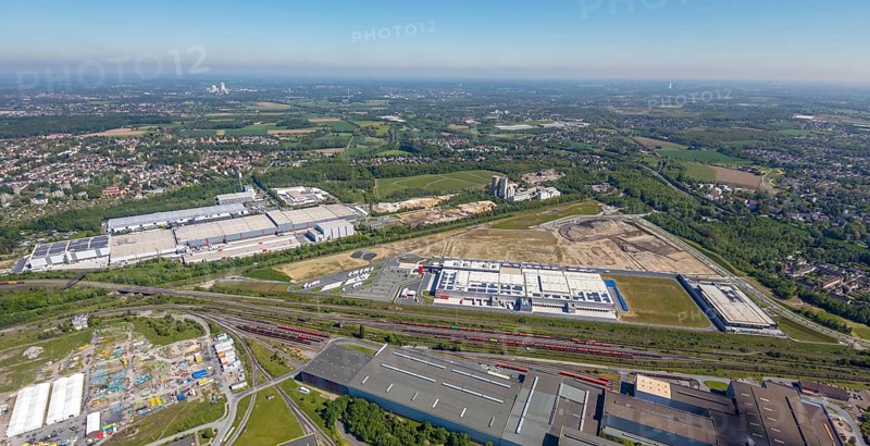 Aerial view, new REWE logistics centre and construction site of the former Westfalenhütte, Borsigplatz, Dortmund, Ruhr area, North Rhine-Westphalia, Germany, construction area, construction site, building plots, construction project, construction site, DE, Europe, commercial enterprises, commercial area, commercial park, commercial location, commercial use, industrial area, industrial building, industrial location, aerial view, aerial photography, aerial photography, overview, bird's-eye view, Westfalenhütte, birds-eyes view, overview
