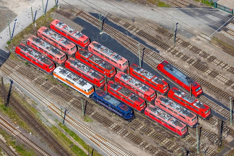 Aerial view, depot, DB class 101, DB class 111, ICE factory Dortmund, Kaiserbrunnen, Dortmund, Ruhr area, North Rhine-Westphalia, Germany, railway tracks, station, DE, Deutsche Bahn AG, electric locomotive, Europe, shapes and colours, track systems, locomotive, aerial view, aerial photography, aerial photography, overview, bird's-eye view, trains, birds-eyes view, overview