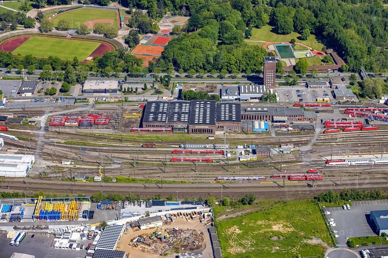 Aerial view, railway station, ICE plant Dortmund, Kaiserbrunnen, Dortmund, Ruhr area, North Rhine-Westphalia, Germany, railway tracks, railway station, DE, Deutsche Bahn AG, Europe, railway tracks, locomotive, aerial view, aerial photography, aerial photography, overview, bird's-eye view, trains, birds-eyes view, overview