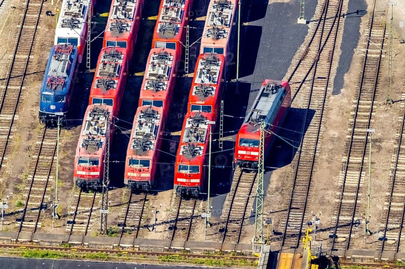 Aerial view, depot, DB class 101, DB class 111, ICE factory Dortmund, Kaiserbrunnen, Dortmund, Ruhr area, North Rhine-Westphalia, Germany, railway tracks, station, DE, Deutsche Bahn AG, electric locomotive, Europe, shapes and colours, track systems, locomotive, aerial view, aerial photography, aerial photography, overview, bird's-eye view, trains, birds-eyes view, overview