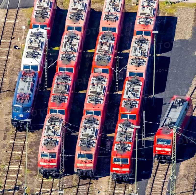 Aerial view, depot, DB class 101, DB class 111, ICE factory Dortmund, Kaiserbrunnen, Dortmund, Ruhr area, North Rhine-Westphalia, Germany, railway tracks, station, DE, Deutsche Bahn AG, electric locomotive, Europe, shapes and colours, track systems, locomotive, aerial view, aerial photography, aerial photography, overview, bird's-eye view, trains, birds-eyes view, overview