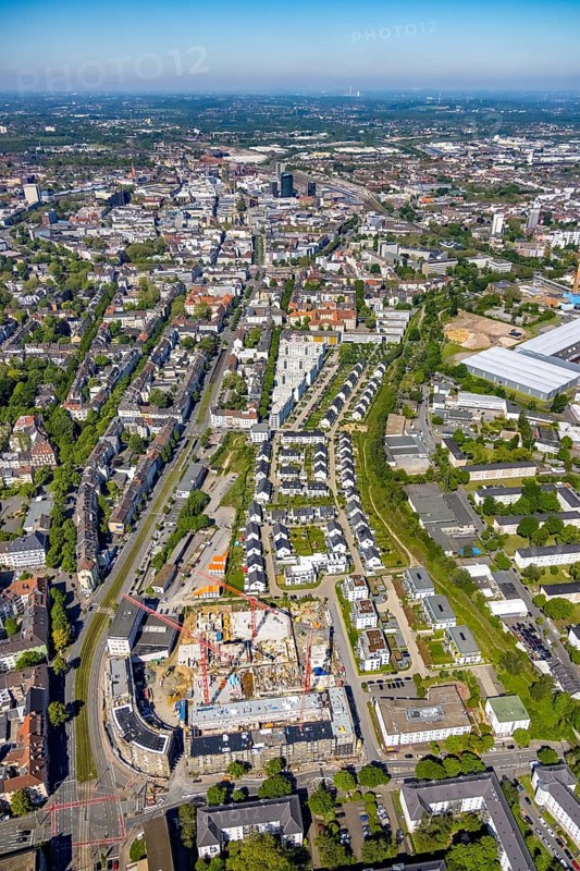 Aerial view, new development area at Ostbahnhof and new development area Kaiserquartier, City, Dortmund, Ruhr area, North Rhine-Westphalia, Germany, construction work, construction, construction area, construction site, building plots, construction project, construction site, DE, Europe, property tax, real estate, aerial view, aerial photography, aerial photography, new construction, overview, bird's eye view, residential complex, living and living, residential area, residential buildings, quality of living, birds-eyes view, overview