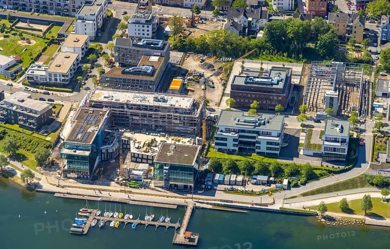 Aerial view, Phoenix Lake, boat landing stage, Hörde, Dortmund, Ruhr area, North Rhine-Westphalia, Germany, boats, DE, Europe, property tax, real estate, aerial photography, aerial photography, Phoenix Lake, sailing boats, overview, bird's-eye view, residential complex, living and living, residential area, residential buildings, residential quality, residential neighbourhood, housing estate, bird's-eye view, overview, Emscher, Emscher River