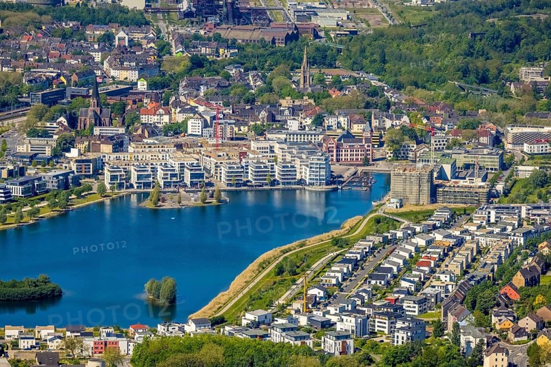 Aerial view, promenade at Phoenix Lake, cultural island, Schüren, Dortmund, Ruhr area, North Rhine-Westphalia, Germany, DE, Europe, property tax, harbour, high-rise building H12, real estate, aerial photography, aerial photography, aerial photography, Phoenix Lake, Thomasbirne, overview, bird's-eye view, residential area, living and living, residential area, residential buildings, residential quality, residential quarter, housing estate, birds-eyes view, overview