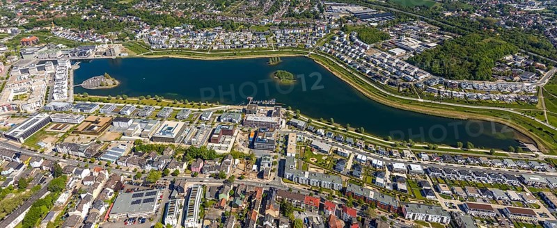 Aerial view, Phoenix Lake, Hörde, Dortmund, Ruhr area, North Rhine-Westphalia, Germany, DE, Europe, property tax, real estate, aerial photography, aerial photography, aerial photography, Phoenix Lake, overview, bird's eye view, residential complex, living and living, residential area, residential buildings, residential quality, residential neighbourhood, housing estate, birds-eyes view, overview, Emscher, Emscher River