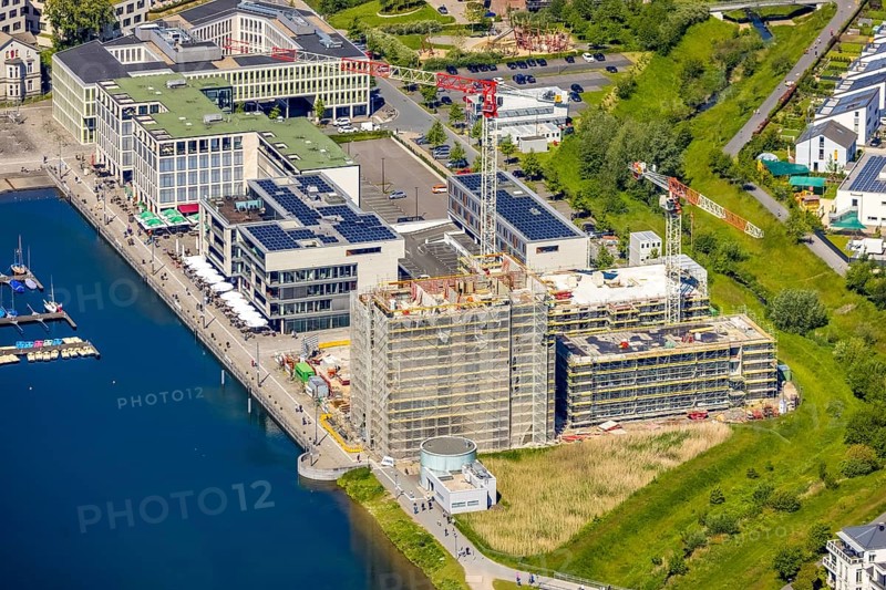 Aerial view, Phoenix Lake, construction site for a new retirement home, high-rise building H12, Hörde, Dortmund, Ruhr area, North Rhine-Westphalia, Germany, construction work, construction area, construction site, building plots, construction project, construction site, DE, Europe, property tax, harbour promenade, high-rise building* real estate, aerial view, aerial photography, aerial photography, new construction, Phoenix Lake, overview, bird's eye view, living and living, residential buildings, residential area, birds-eyes view, overview, Emscher, Emscher River