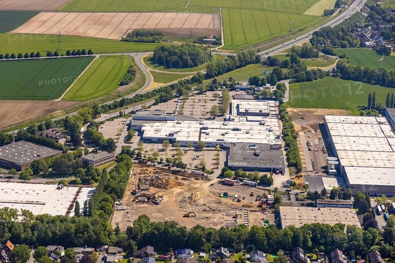 Aerial view, Schleefstraße industrial estate with construction site and new Bauhaus DIY store, Aplerbeck, Dortmund, Ruhr area, North Rhine-Westphalia, Germany, DE, Decathlon, Europe, commercial enterprises, commercial area, industrial estate, business park, commercial location, commercial use, industrial area, industrial location, aerial view, aerial photography, aerial photography, Medimax, overview, bird's eye view, birds-eyes view, overview