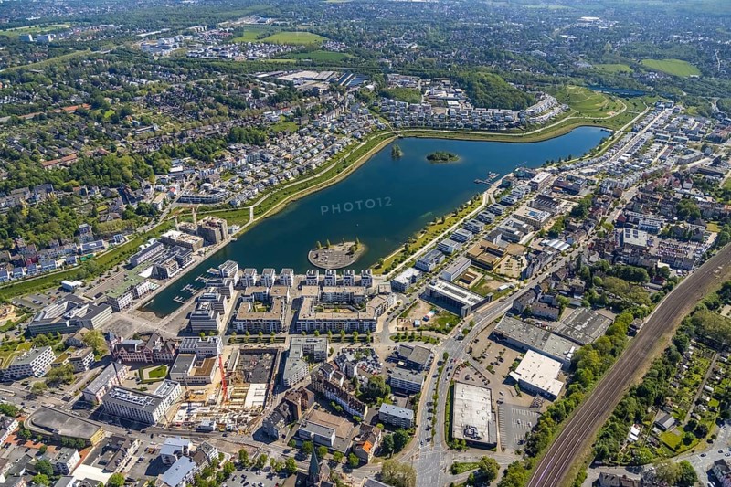 Aerial view, Phoenix Lake, Hörde, Dortmund, Ruhr area, North Rhine-Westphalia, Germany, DE, Europe, property tax, real estate, aerial photography, aerial photography, aerial photography, Phoenix Lake, overview, bird's eye view, residential complex, living and living, residential area, residential buildings, residential quality, residential neighbourhood, housing estate, birds-eyes view, overview, Emscher, Emscher River