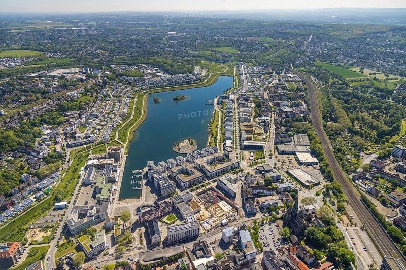 Aerial view, Phoenix Lake, Hörde, Dortmund, Ruhr area, North Rhine-Westphalia, Germany, DE, Europe, property tax, real estate, aerial photography, aerial photography, aerial photography, Phoenix Lake, overview, bird's eye view, residential complex, living and living, residential area, residential buildings, residential quality, residential neighbourhood, housing estate, birds-eyes view, overview, Emscher, Emscher River