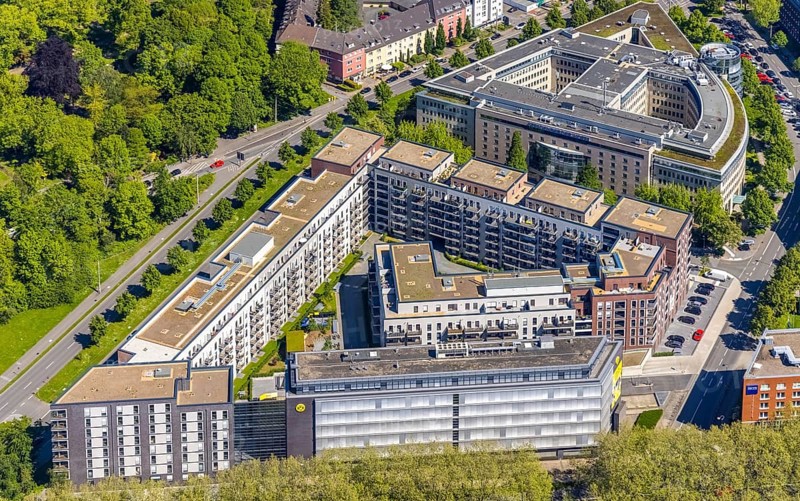 Aerial view, Berswordt-Quartier, Berswordt-Carrée, Berswordtstraße, Westfalenhalle, Dortmund, Ruhr area, North Rhine-Westphalia, Germany, DE, Dorint an den Westfalenhallen Hotel, Europe, gastronomy, commercial buildings, property tax, hotel, hotel facilities, hotel industry, real estate, aerial view, aerial photography, aerial photography, Steigenberger Hotel, overview, accommodation, Vivawest, bird's-eye view, residential complex, living and working, living and life, residential area, residential buildings, residential quality, residential neighbourhood, birds-eyes view, overview