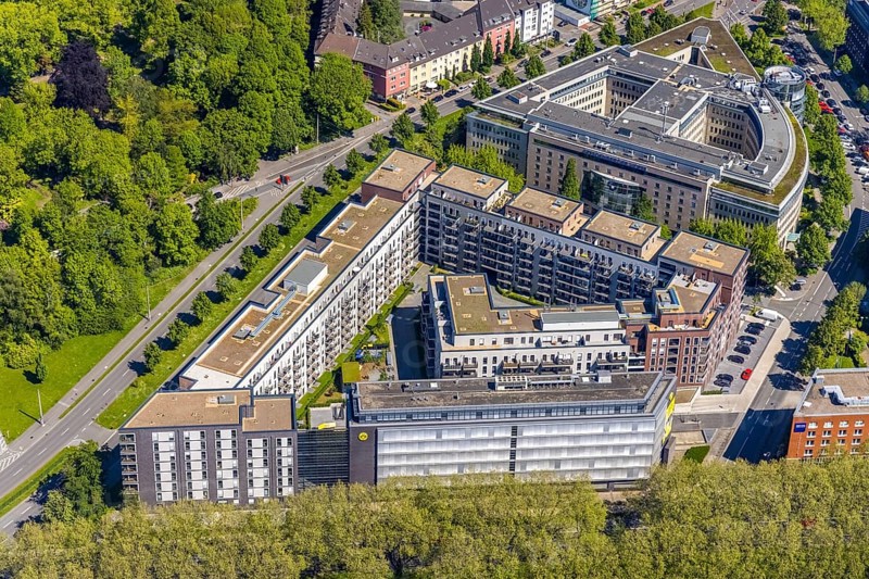 Aerial view, Berswordt-Quartier, Berswordt-Carrée, Berswordtstraße, Westfalenhalle, Dortmund, Ruhr area, North Rhine-Westphalia, Germany, DE, Dorint an den Westfalenhallen Hotel, Europe, gastronomy, commercial buildings, property tax, hotel, hotel facilities, hotel industry, real estate, aerial view, aerial photography, aerial photography, Steigenberger Hotel, overview, accommodation, Vivawest, bird's-eye view, residential complex, living and working, living and life, residential area, residential buildings, residential quality, residential neighbourhood, birds-eyes view, overview