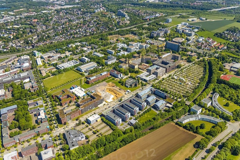 Aerial view, Technical University Dortmund, construction site new refrigeration plant in Dortmund Technology Park, Otto-cock-Straße, Eichlinghofen, Dortmund, Ruhr area, North Rhine-Westphalia, Germany, construction work, building, construction area, building site, building plots, construction project, construction site, DE, Europe, aerial view, aerial photography, aerial photography, new building, TU Dortmund, overview, bird's-eye view, bird's-eye view, overview
