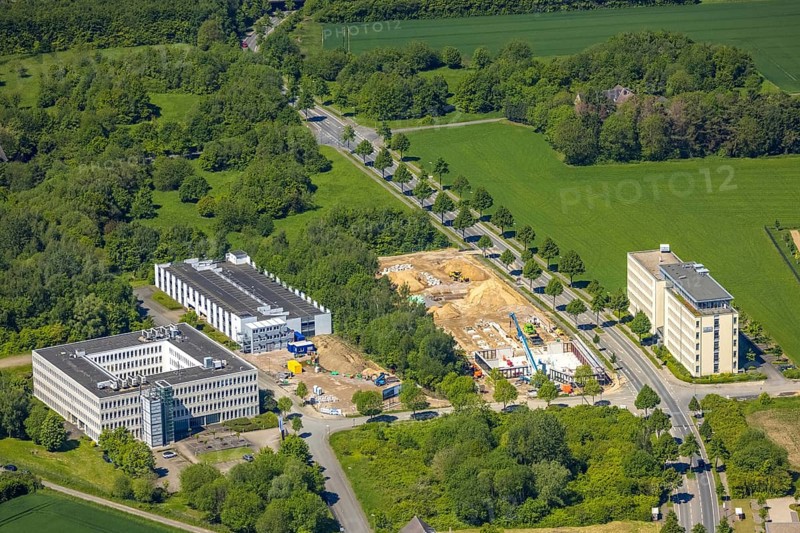 Aerial view, construction site and new construction office quarter Sebrathweg, Eichlinghofen, Dortmund, Ruhr area, North Rhine-Westphalia, Germany, construction work, construction, construction area, construction site, construction site, construction measure, row of trees, construction project, construction site, DE, Europe, commercial enterprises, commercial area, commercial location, commercial use, industrial area, industrial location, aerial view, aerial photography, aerial photography, new construction, overview, Verizon Germany, bird's eye view, birds-eyes view, overview